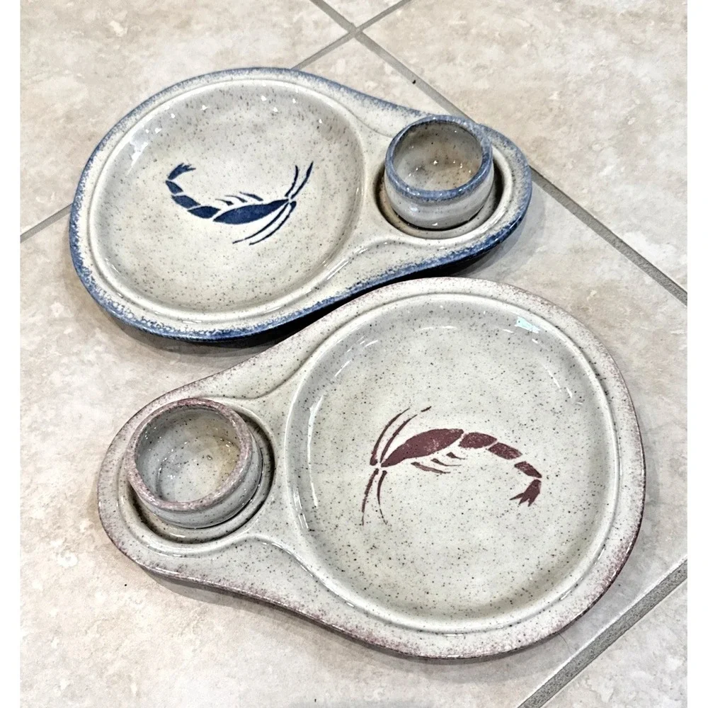 Pottery Shrimp Chip & Attached Dip Snack Platter Tray Plate Bowl Dish Nautical**